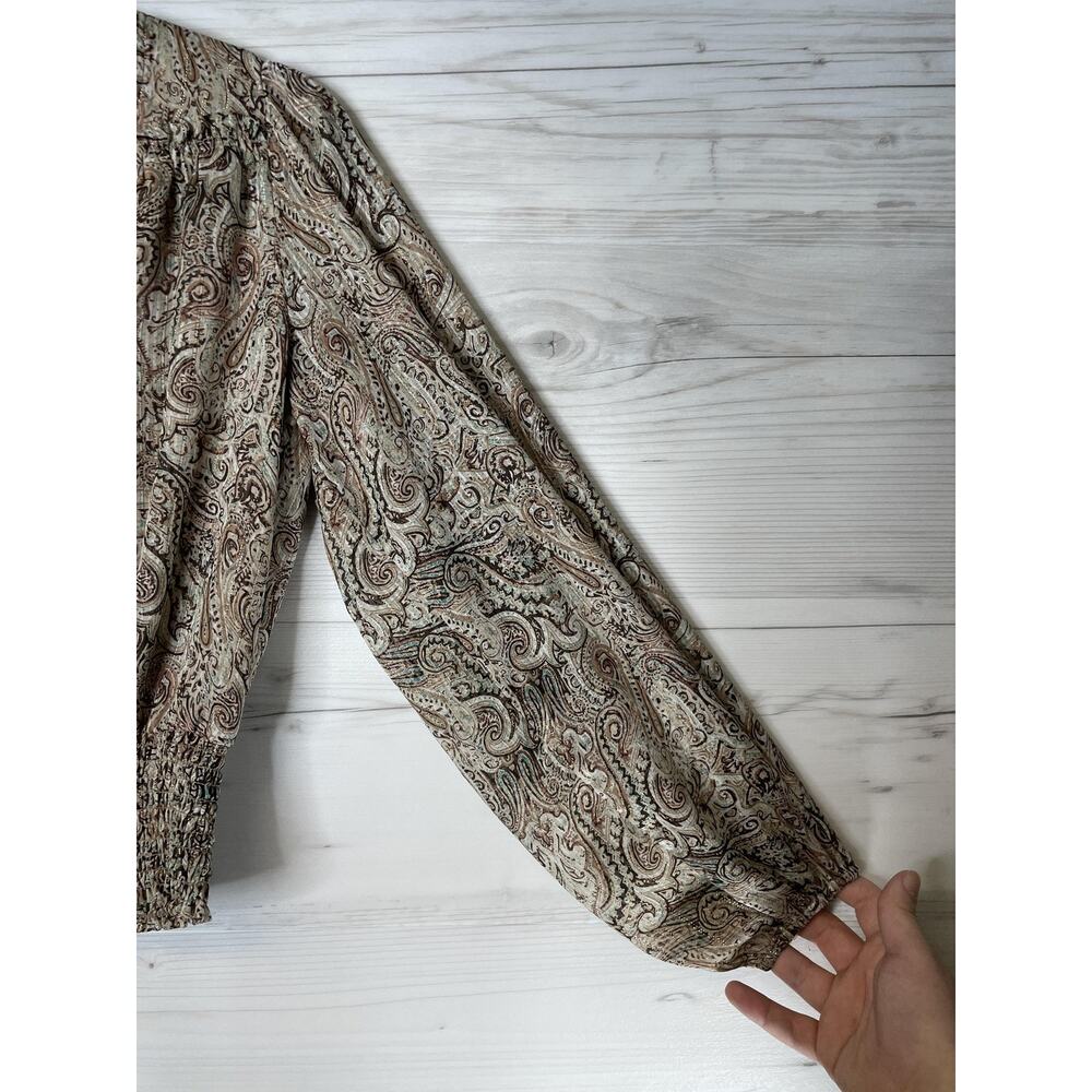 Joie Blouse Womens XS Brown Paisley Metallic Smocked Hem Long Sleeve V-Neck Tie - Picture 3 of 10